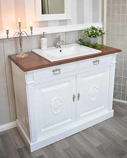 "Elea" white, solid country house washbasin with floral decorations