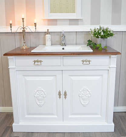 "Elea" lavabo blanc massif de style campagnard avec décors floraux