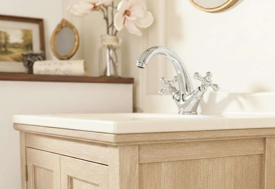 Amora chrom - Kreuzgriff-Armatur im Landhausstil inkl. Ablaufventil