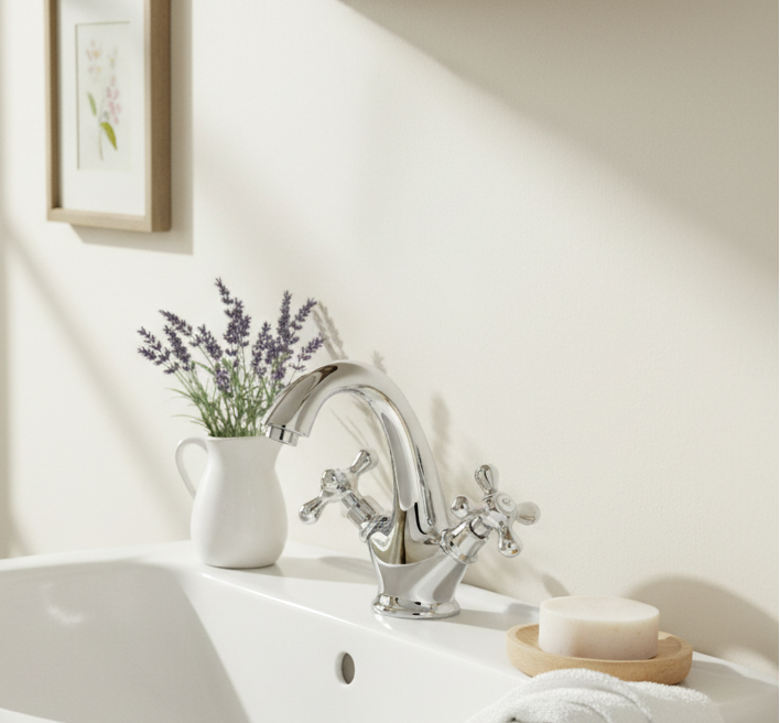 Amora chrom - Kreuzgriff-Armatur im Landhausstil inkl. Ablaufventil