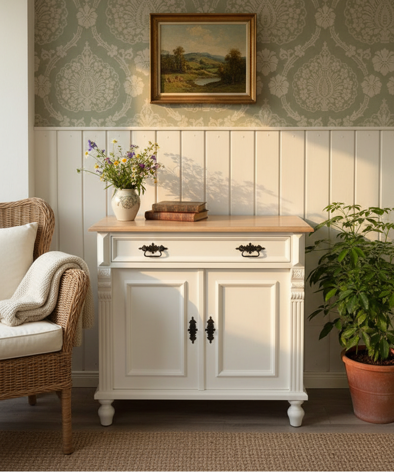 "Kommode Camille" - weiße Massivholz-Kommode mit Eichenplatte weiß gewischt 80cm / 90cm