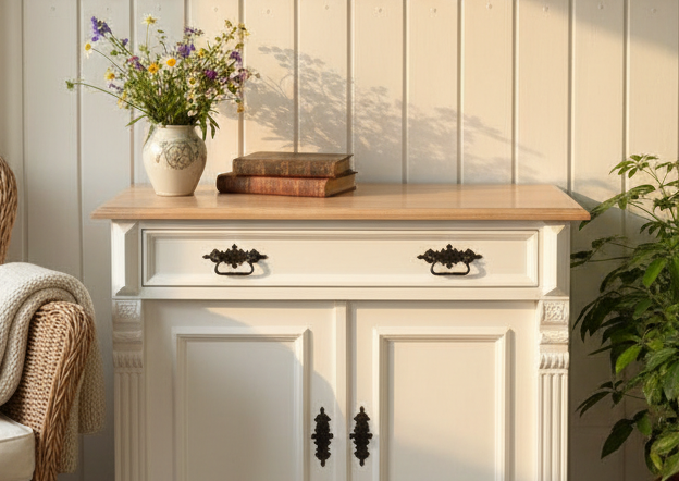 "Kommode Camille" - weiße Massivholz-Kommode mit Eichenplatte weiß gewischt 80cm / 90cm