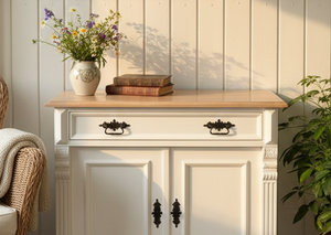 "Kommode Camille" - weiße Massivholz-Kommode mit Eichenplatte weiß gewischt 80cm / 90cm