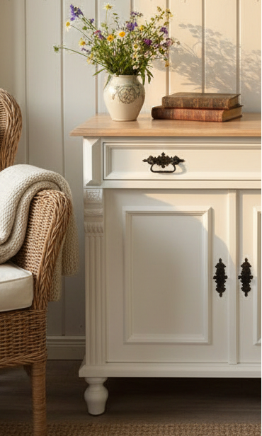 "Kommode Camille" - weiße Massivholz-Kommode mit Eichenplatte weiß gewischt 80cm / 90cm