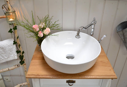 "Grenoble" lavabo blanc de style campagnard avec plateau en chêne clair et barre porte-serviettes