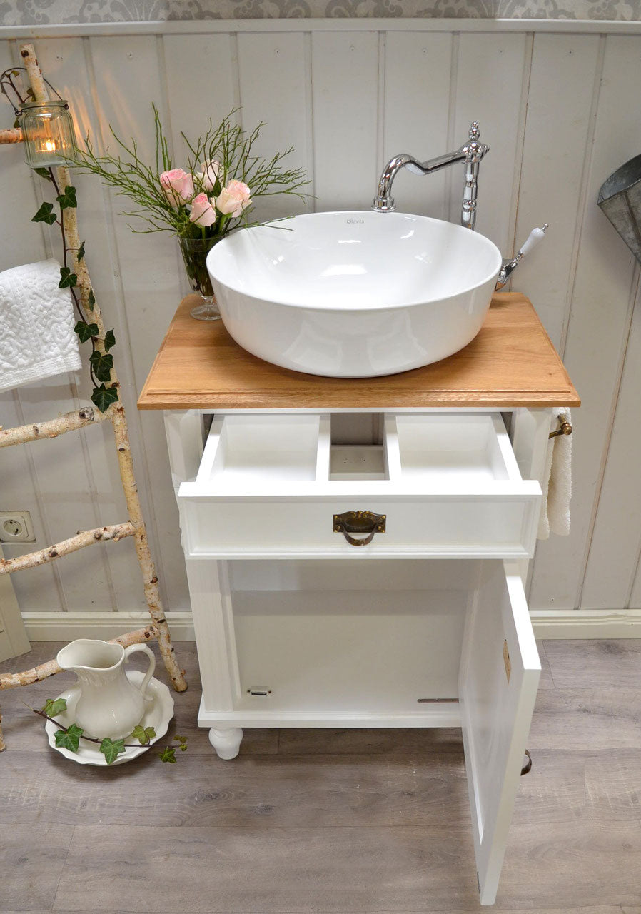 "Grenoble" white country house washbasin with light oak top and towel rail