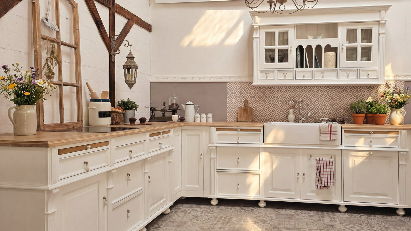 Eckküche im Landhausstil aus Massivholz