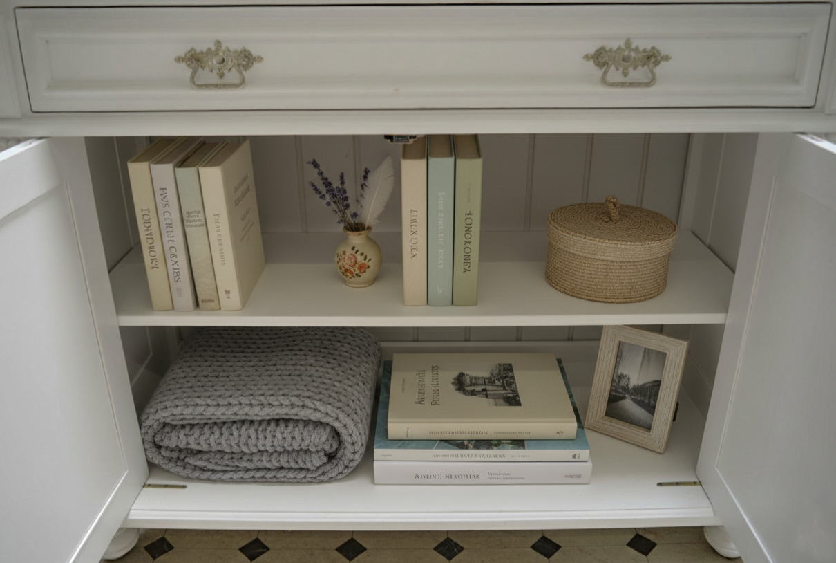 "Kommode Karvia" große weiße Landhaus-Kommode Massivholz Eichenplatte