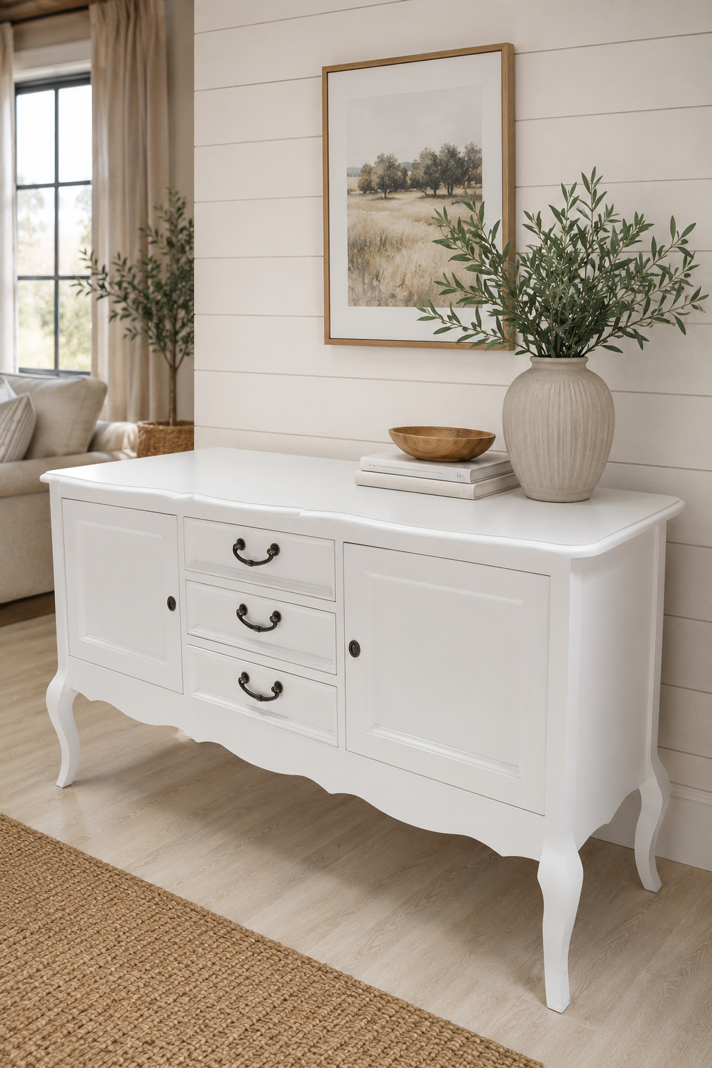 Meuble vasque double blanc de style campagnard « Amalie », style Chippendale, 150 cm