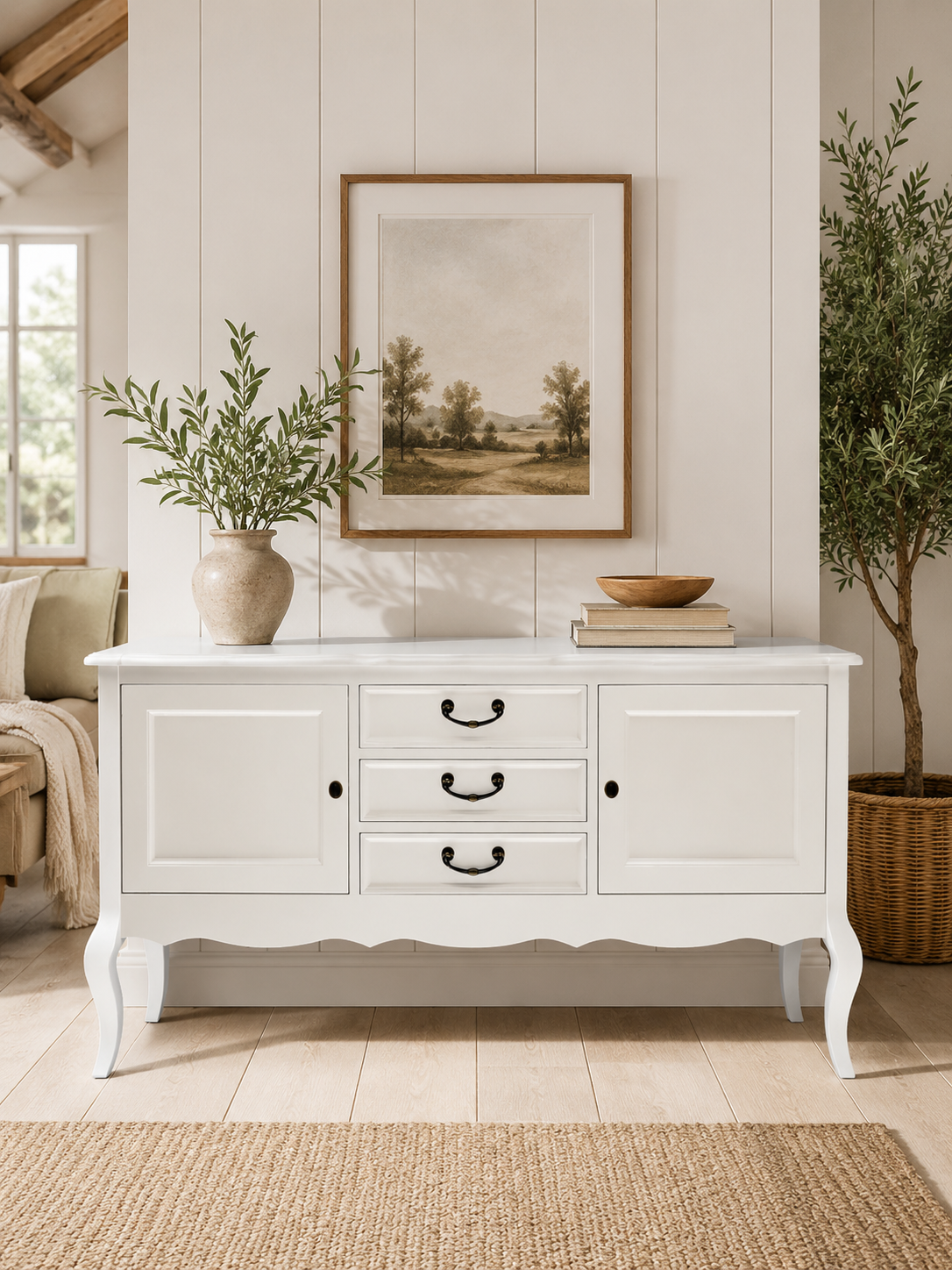 Meuble vasque double blanc de style campagnard « Amalie », style Chippendale, 150 cm