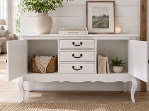 Meuble vasque double blanc de style campagnard « Amalie », style Chippendale, 150 cm