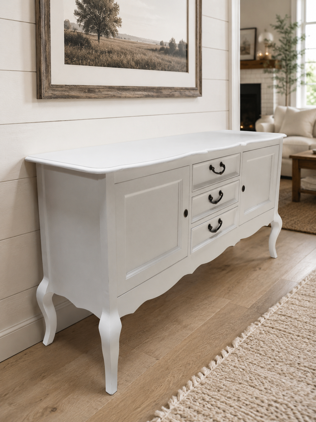 Meuble vasque double blanc de style campagnard « Amalie », style Chippendale, 150 cm