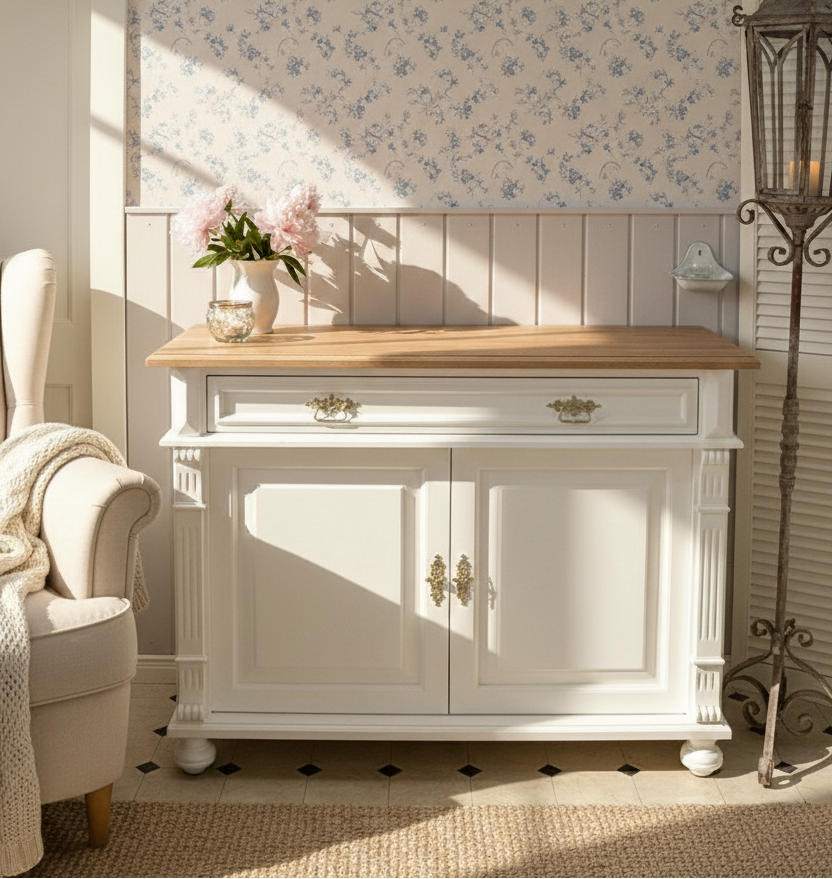 "Kommode Karvia" große weiße Landhaus-Kommode Massivholz Eichenplatte