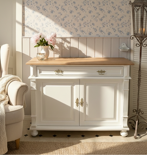 "Kommode Karvia" große weiße Landhaus-Kommode Massivholz Eichenplatte