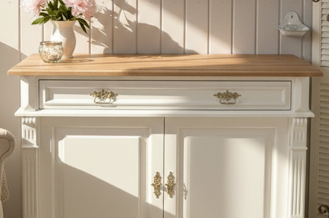 "Kommode Karvia" große weiße Landhaus-Kommode Massivholz Eichenplatte