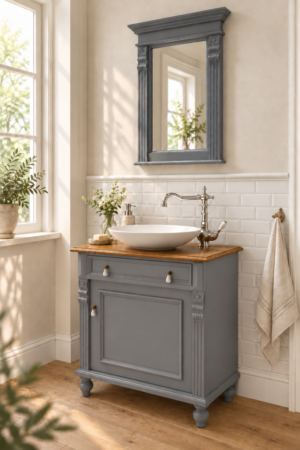 "Lykke" Landhaus-Waschtisch in blau-grau 70 cm