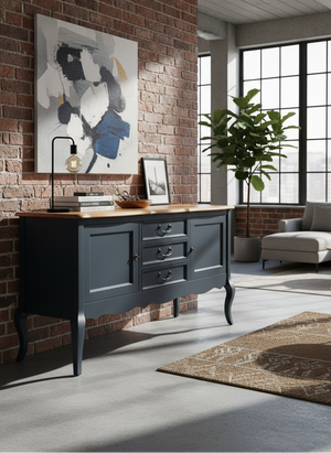 "Kommode Lysander" nostalgisches schwarzes Massivholz-Sideboard mit Eichenplatte