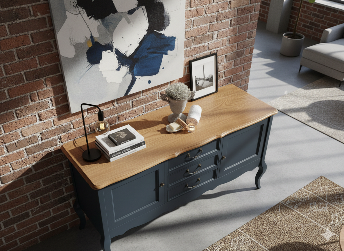 "Kommode Lysander" nostalgisches schwarzes Massivholz-Sideboard mit Eichenplatte