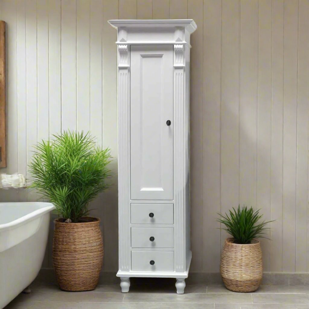 Marillé - Small tall cabinet in Wilhelminian style, country house furniture solid wood white