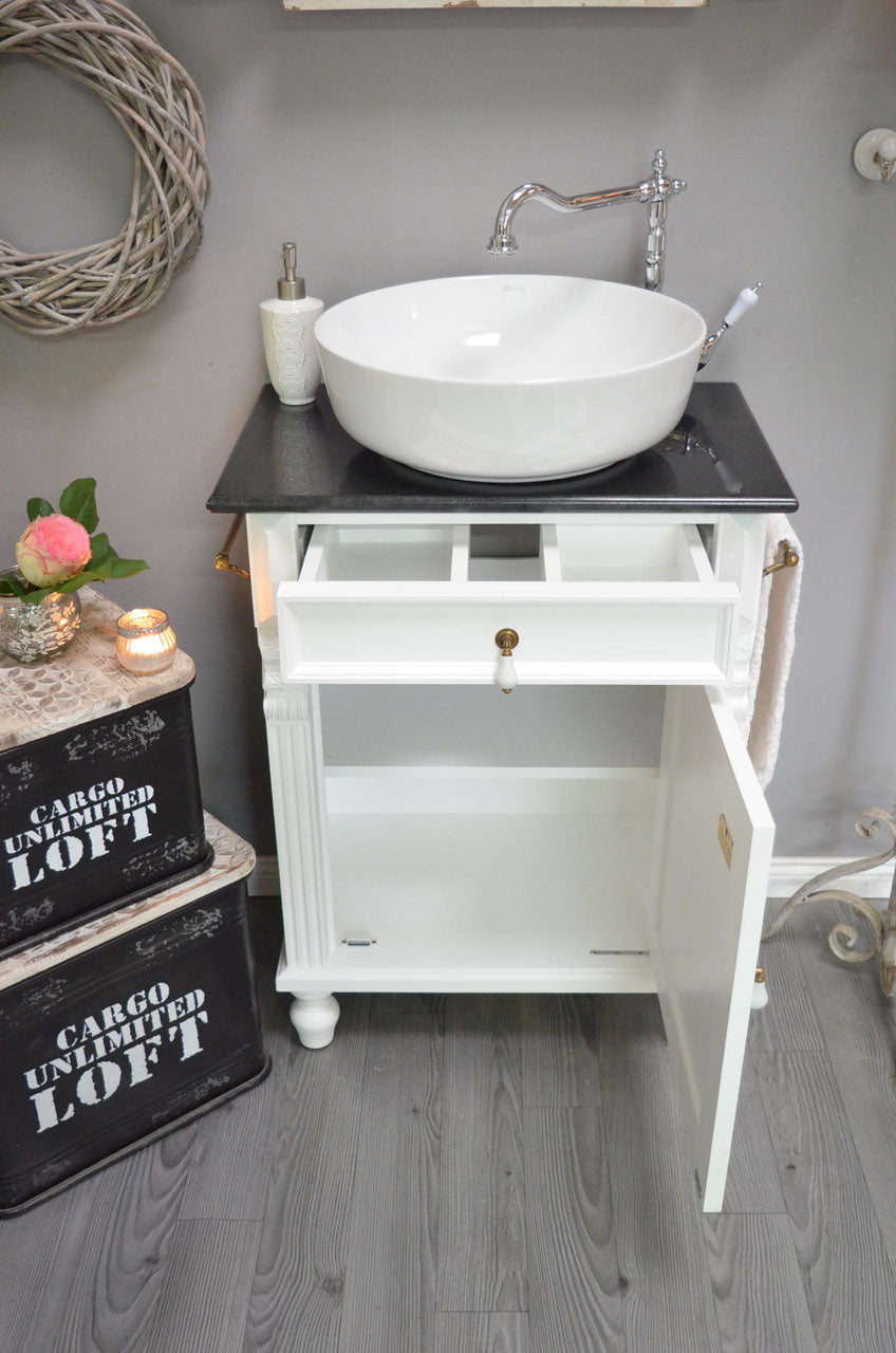 "Miquelon" white country house washbasin with black granite top