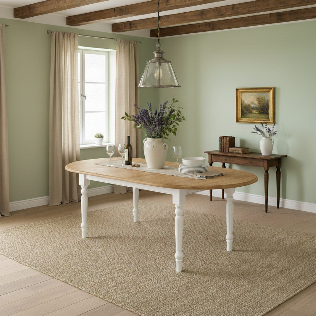 "Neeke" - Ausziehbarer Landhaus-Esstisch mit Eichenplatte