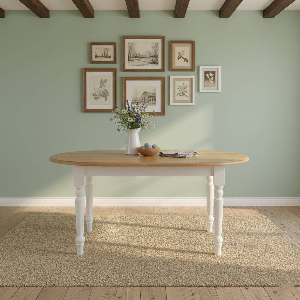 "Neeke" - Ausziehbarer Landhaus-Esstisch mit Eichenplatte