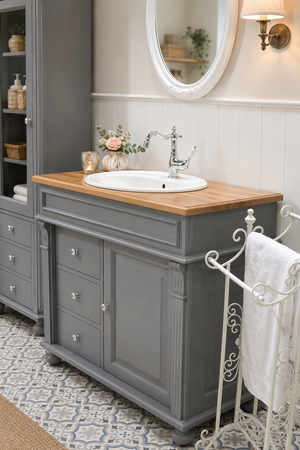 "Nias" blue-grey country-style washstand with oak top and attachment 103 cm
