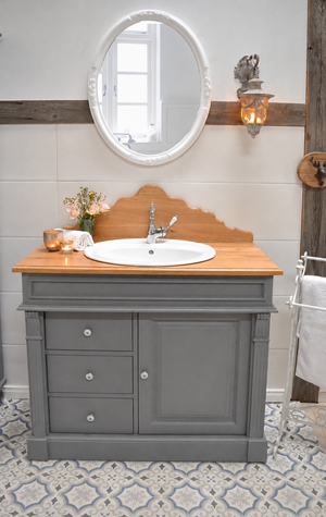 "Nias" blue-grey country-style washstand with oak top and attachment 103 cm
