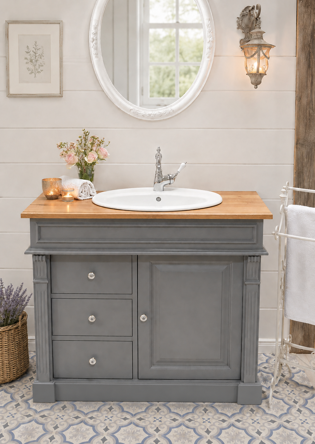 "Nias" blue-grey country-style washstand with oak top and attachment 103 cm
