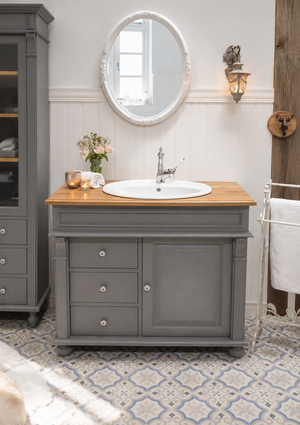 "Nias" blue-grey country-style washstand with oak top and attachment 103 cm