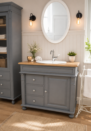 "Nias" blue-grey country-style washstand with oak top and attachment 103 cm