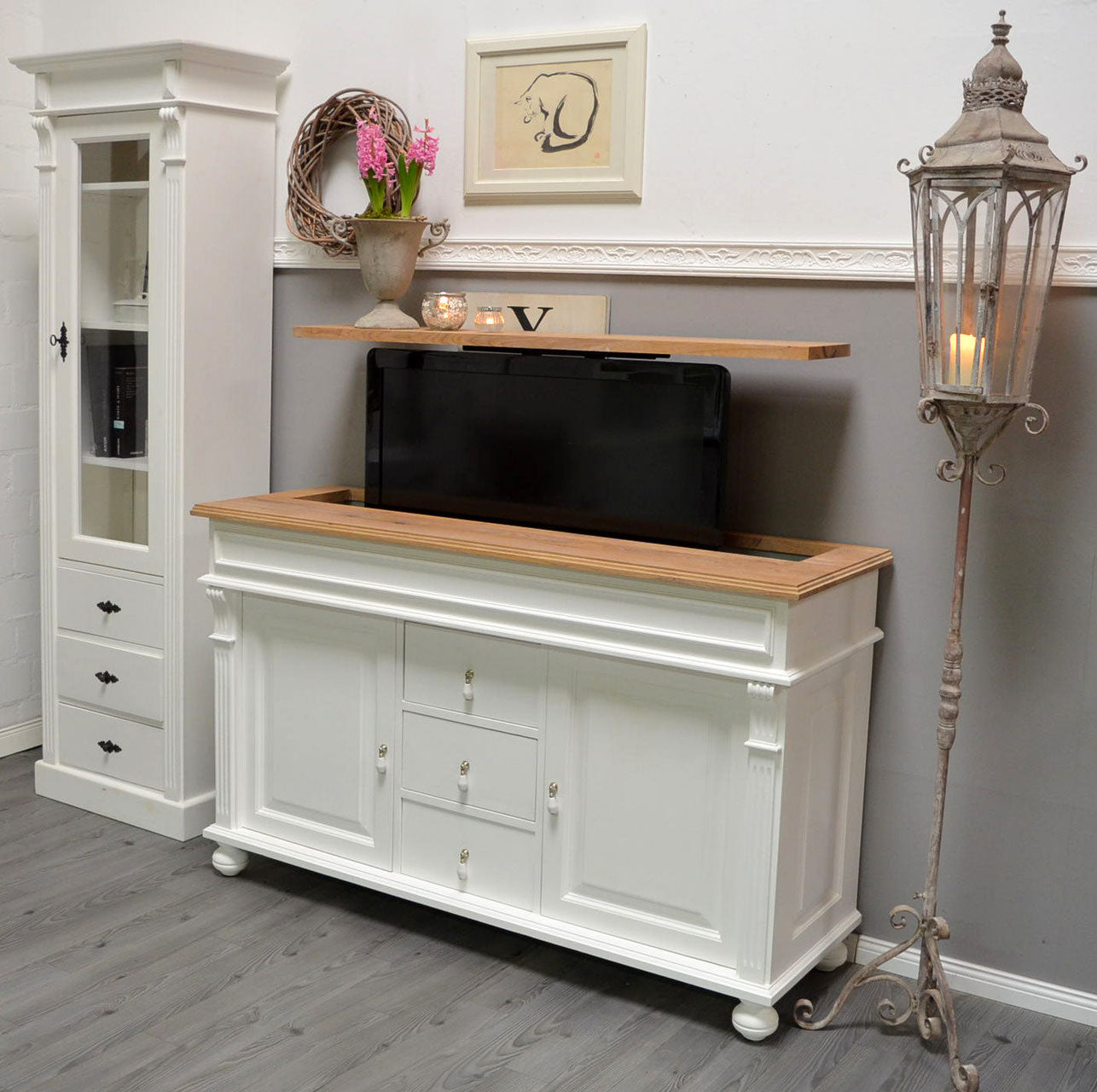 "Noemi": TV cabinet with lift for 55 inch or 65 inch in country house style