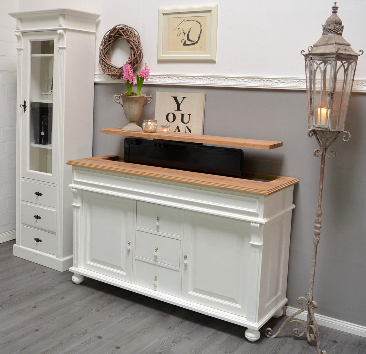 "Noemi": TV cabinet with lift for 55 inch or 65 inch in country house style