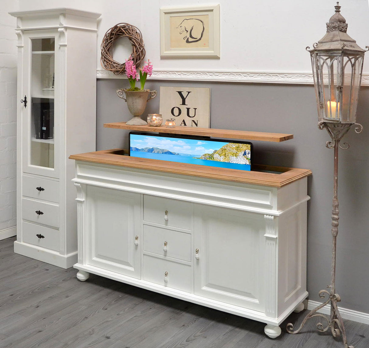 "Noemi": TV cabinet with lift for 55 inch or 65 inch in country house style