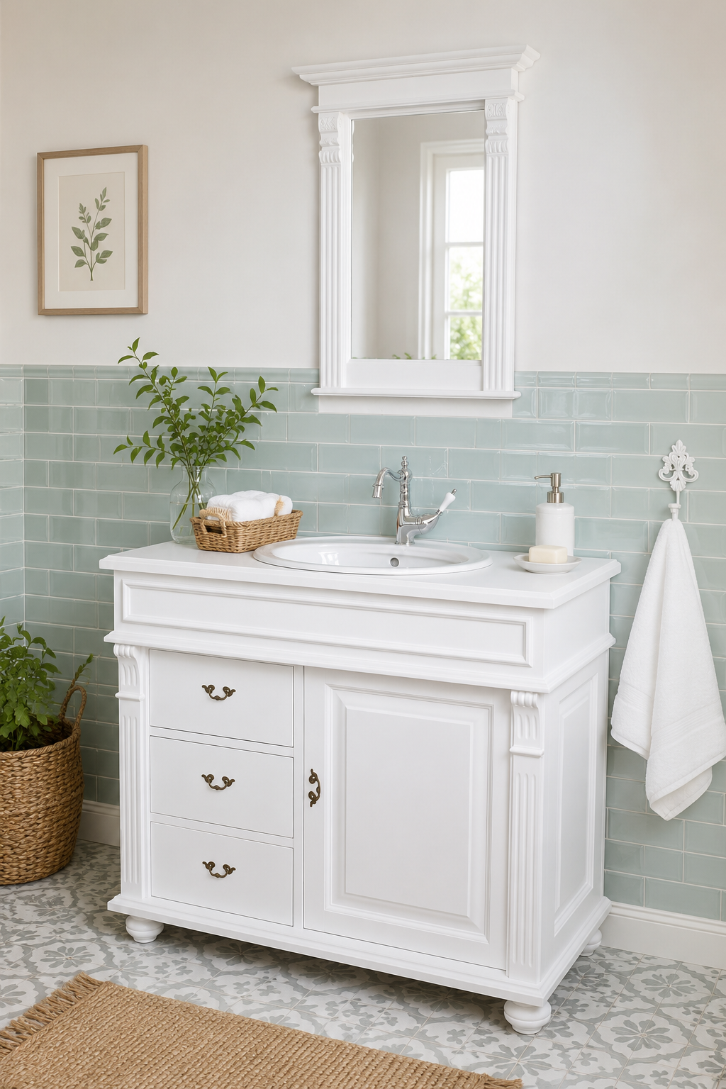 "Oldham" white country-style washbasin with inset basin 103 cm