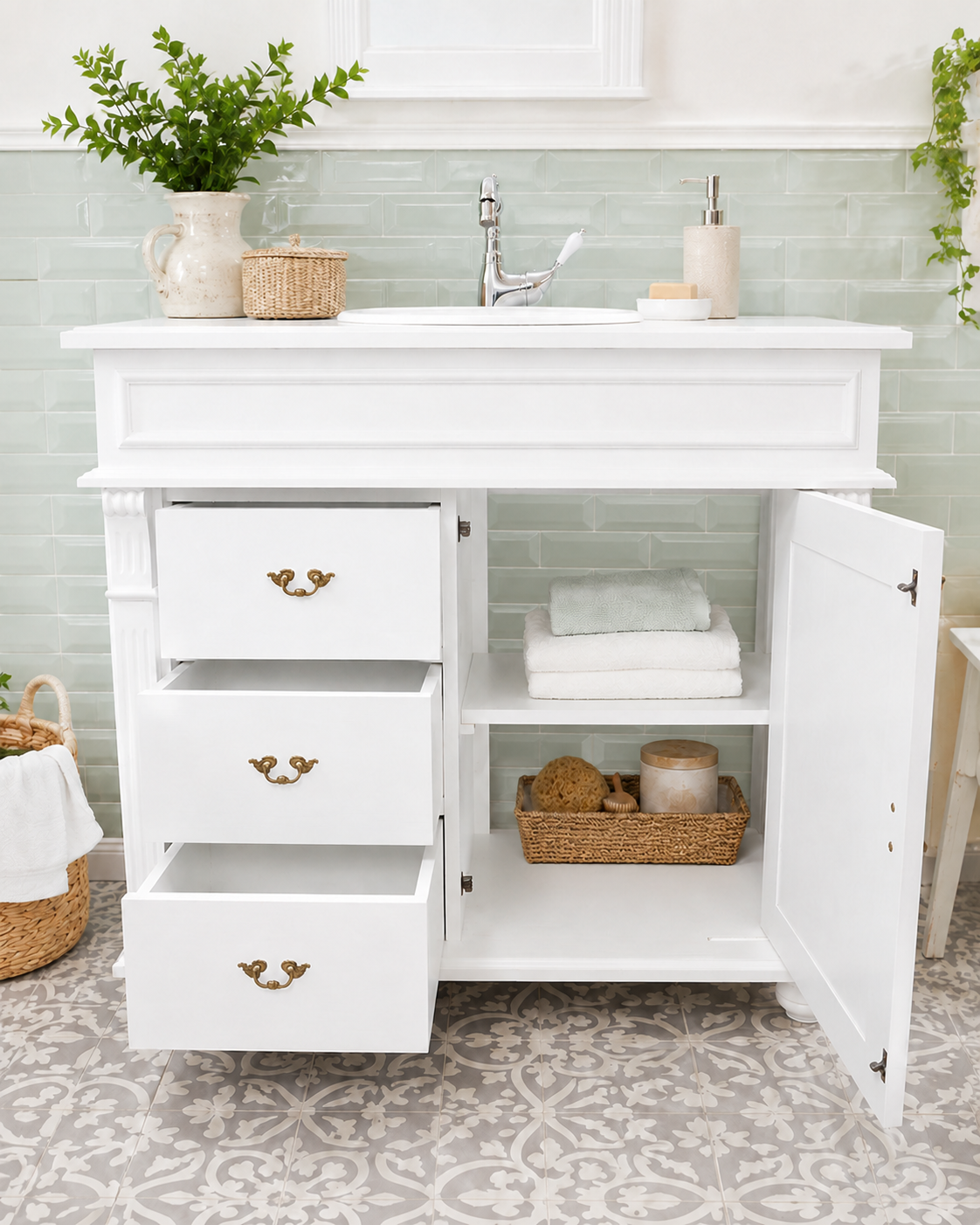 "Oldham" white country-style washbasin with inset basin 103 cm