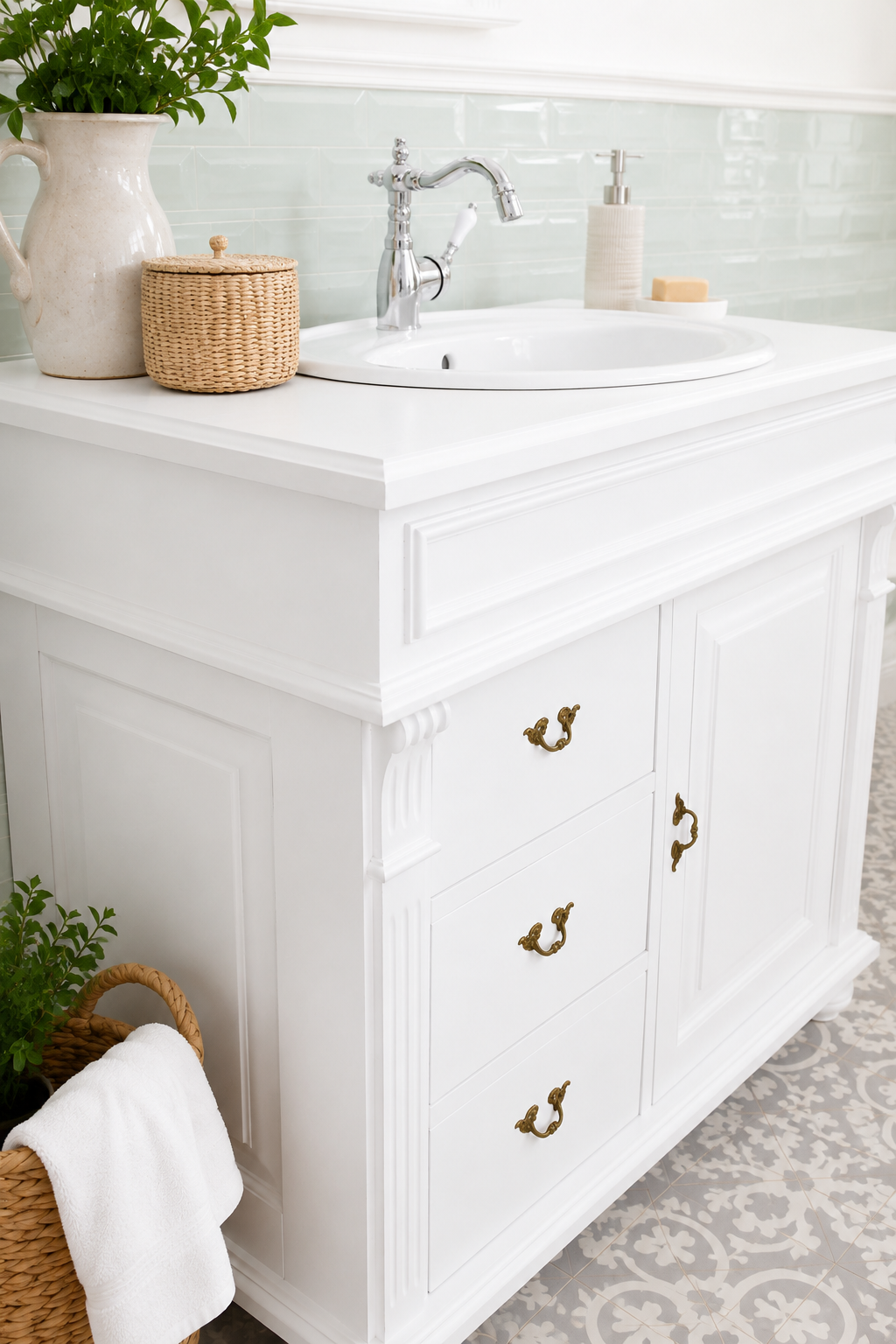 "Oldham" white country-style washbasin with inset basin 103 cm