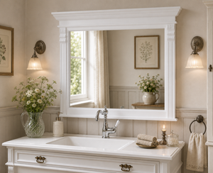 "Rail L" - Wooden wall mirror in country style, white