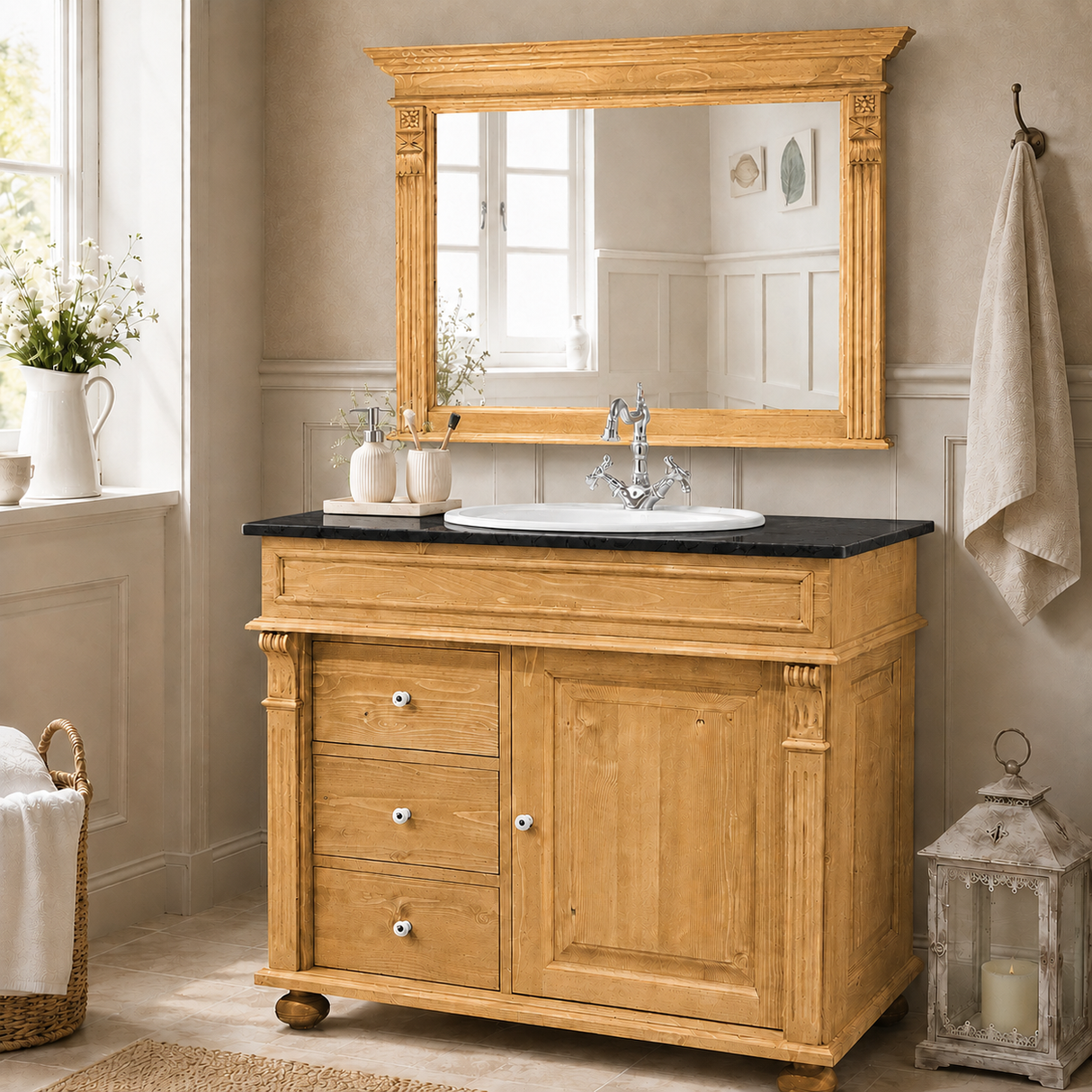 « Majorelle » - lavabo blanc de style campagnard avec comptoir en granit foncé, 103 cm