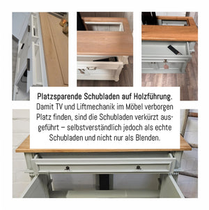"Noemi": TV-Schrank mit Lift für 55 Zoll oder 65 Zoll im Landhausstil