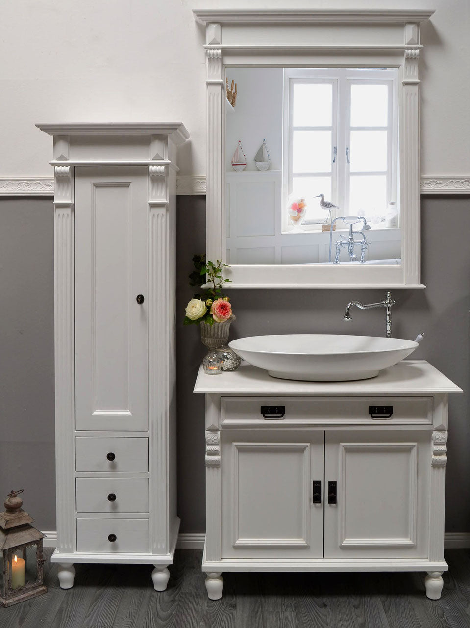 "Toulon" weiße Waschkommode im Landhausstil mit Aufsatzwaschbecken