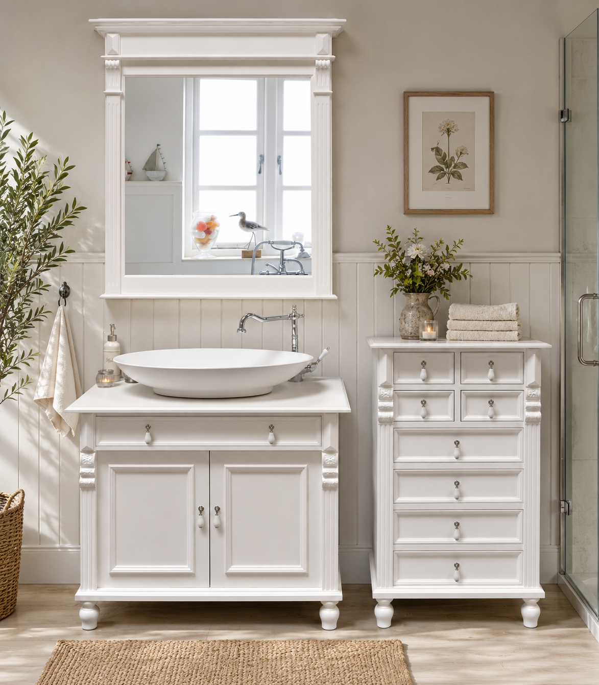"Toulon" weiße Waschkommode im Landhausstil mit Aufsatzwaschbecken 80/90 cm