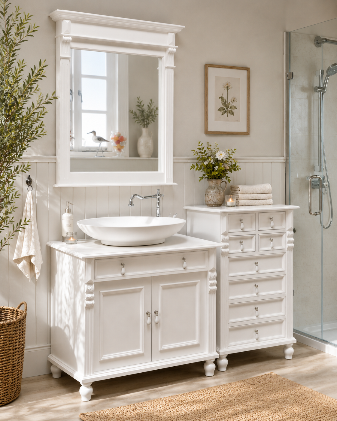 "Toulon" weiße Waschkommode im Landhausstil mit Aufsatzwaschbecken 80/90 cm