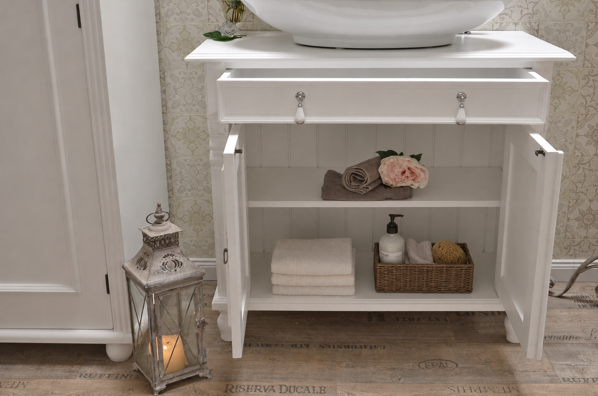 "Toulon" weiße Waschkommode im Landhausstil mit Aufsatzwaschbecken 80/90 cm