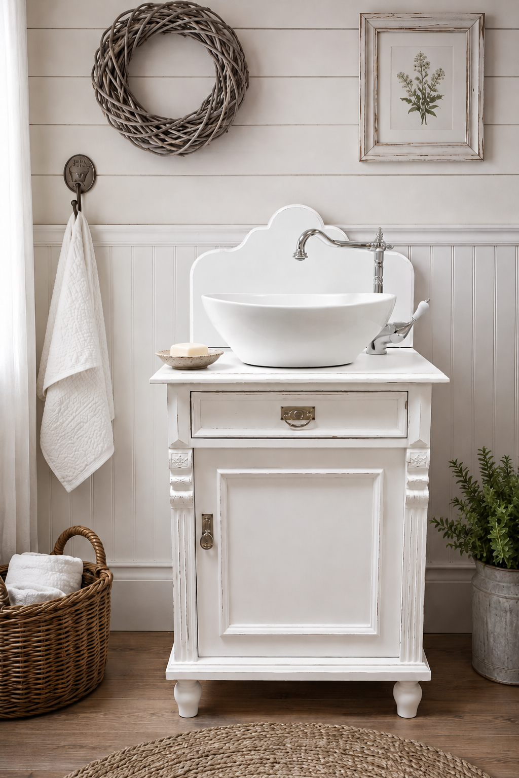 "Murneau" weißer Landhaus-Waschtisch im Shabby-Chic-Stil 60 cm