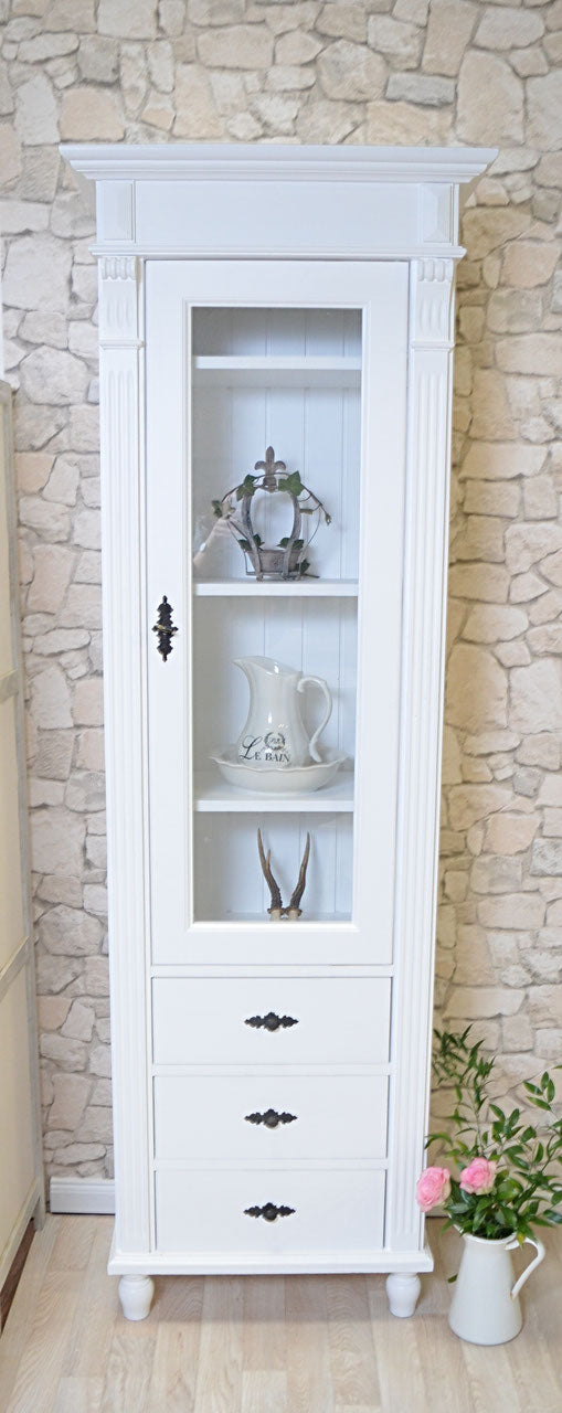 Zarnè - Elégante armoire haute dans le style de l'époque de la fondation, pieds variables, meubles de campagne en bois massif blanc