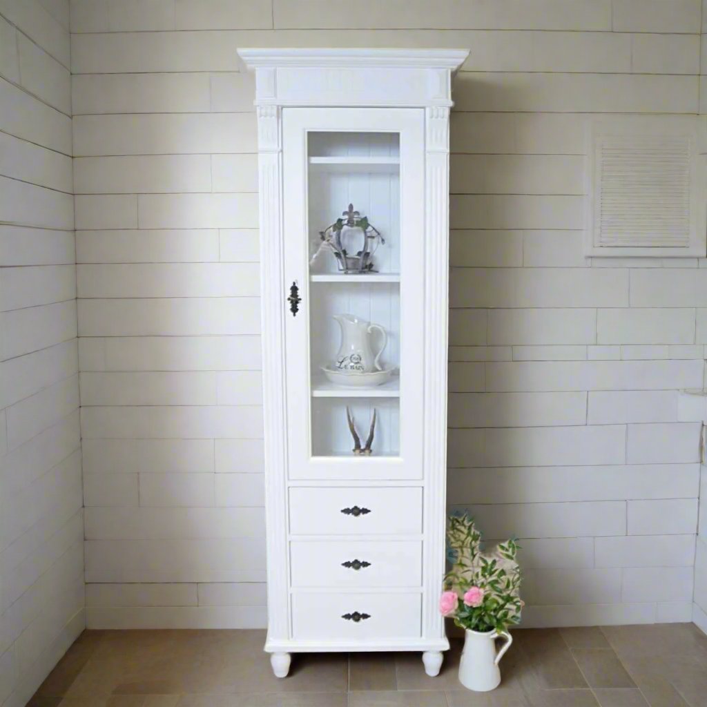 Zarnè - Eleganter Hochschrank im Gründerzeit-Stil, Füße variabel, Landhaus-Möbel Massivholz weiß
