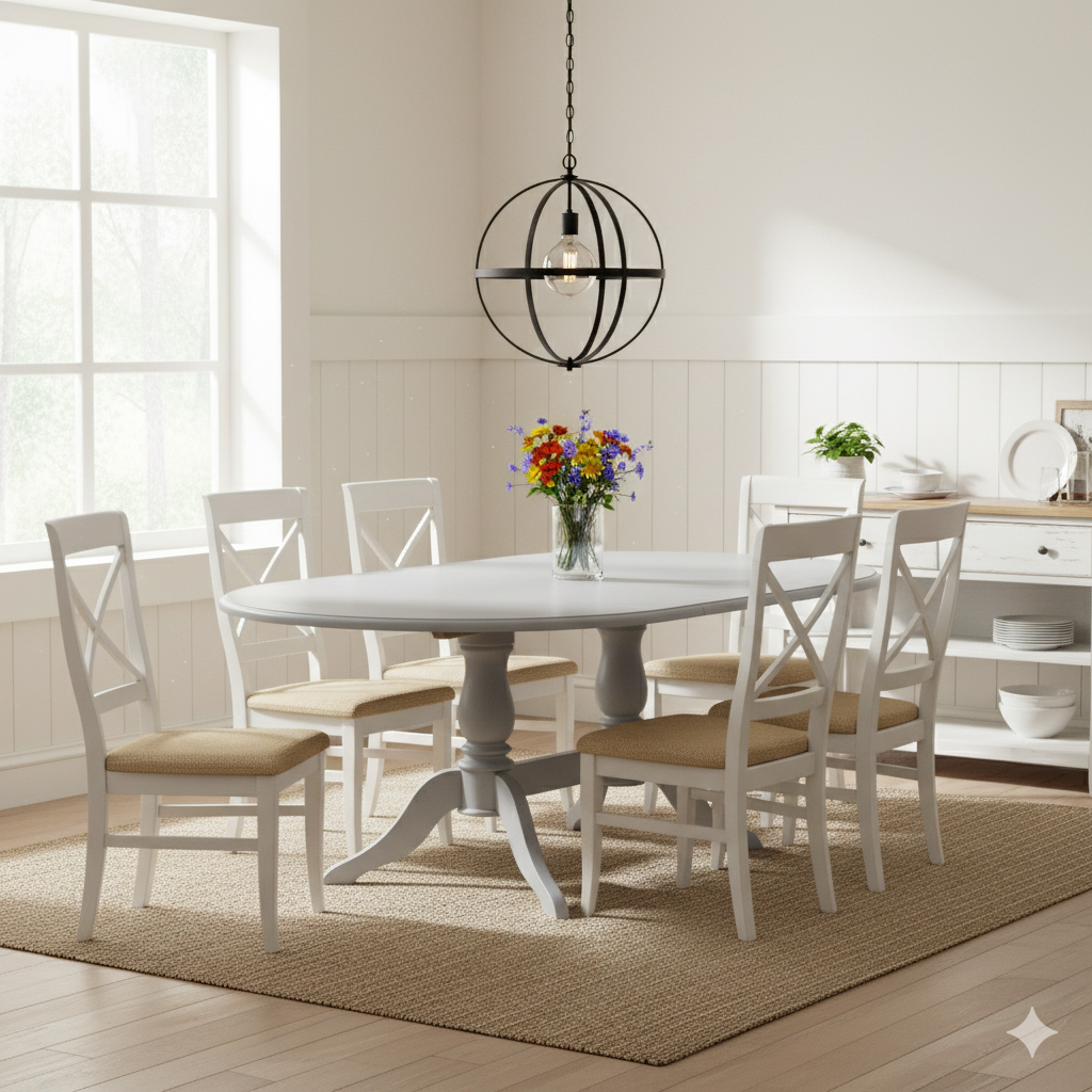 "Chochette blanc" - Weißer, ausziehbarer Landhaus-Esstisch aus Massviholz 160/230 cm