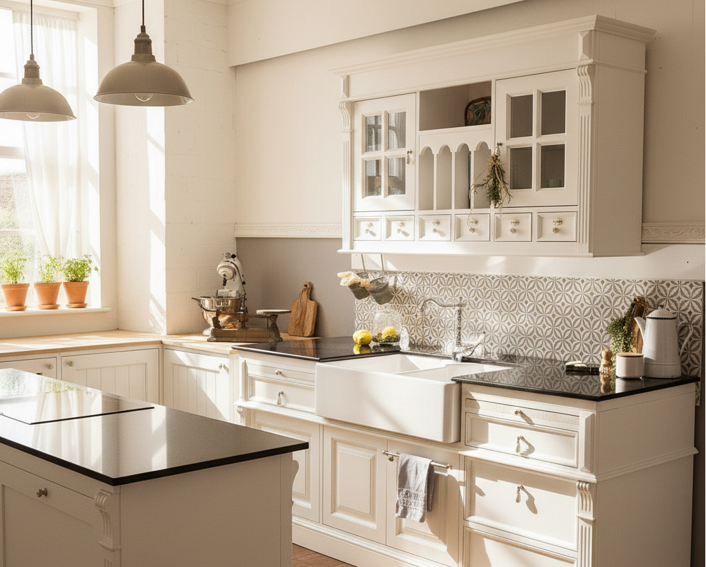 Meuble sous-évier « Pierre » avec plan de travail en granit, style campagnard, 206 cm