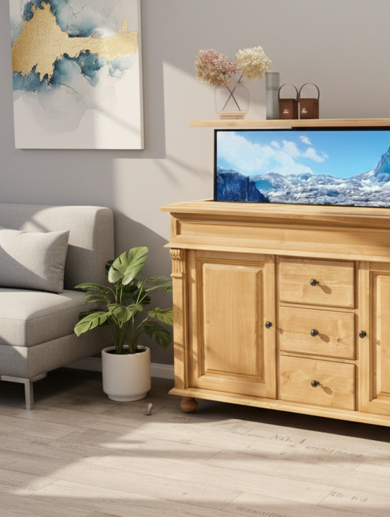 "Loui" : Meuble TV avec système de levage pour téléviseurs de 55 à 65 pouces, style maison de campagne